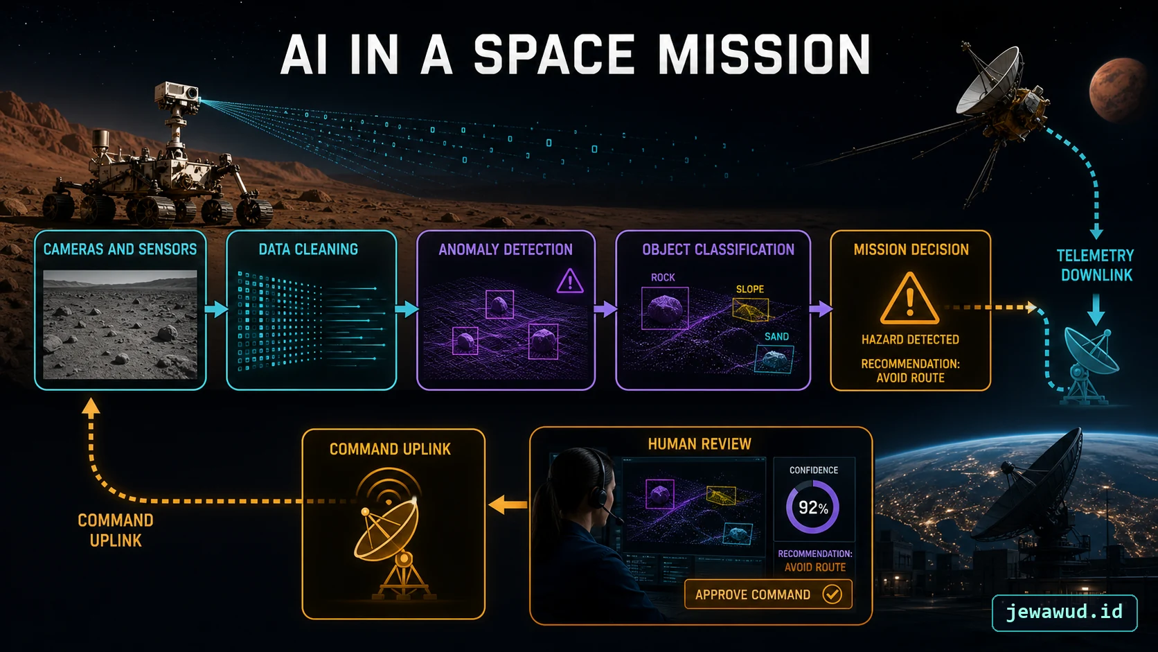Artificial intelligence data and decision pipeline in a space mission