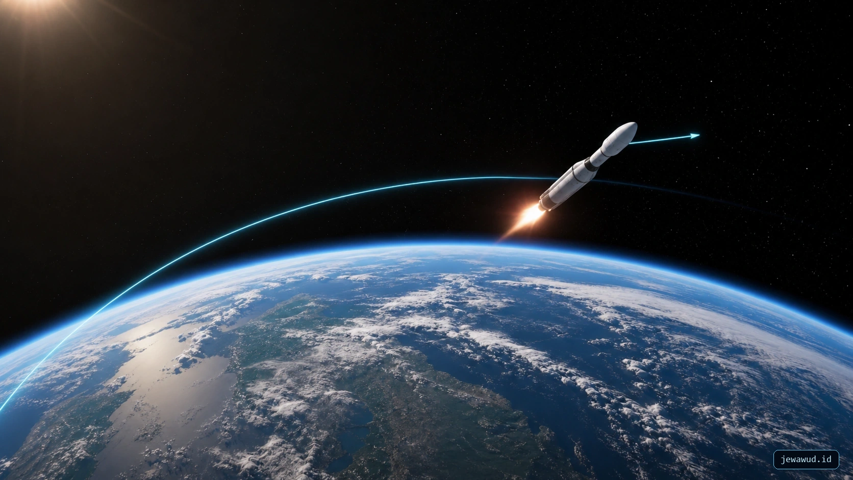 A launch vehicle above Earth's curved horizon following a clean orbital trajectory that represents delta-v capability