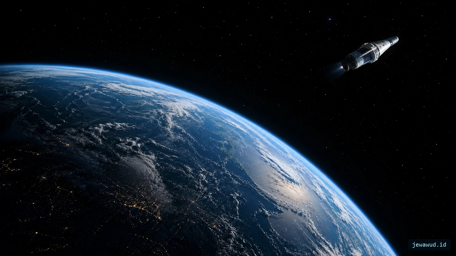 A realistic interplanetary spacecraft departing Earth without a drawn trajectory overlay