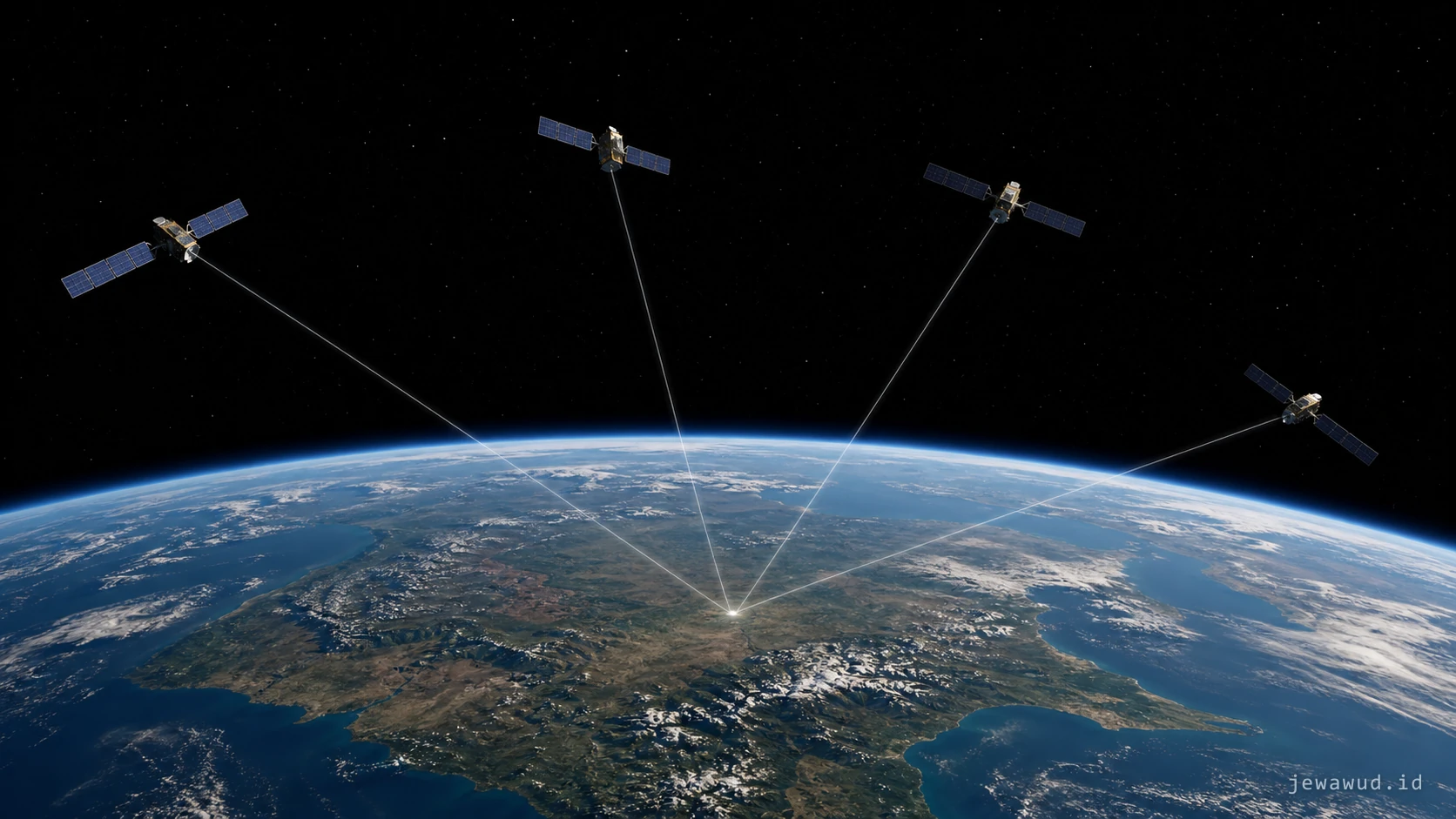 Four navigation satellites sending timing signals to one receiver location on Earth