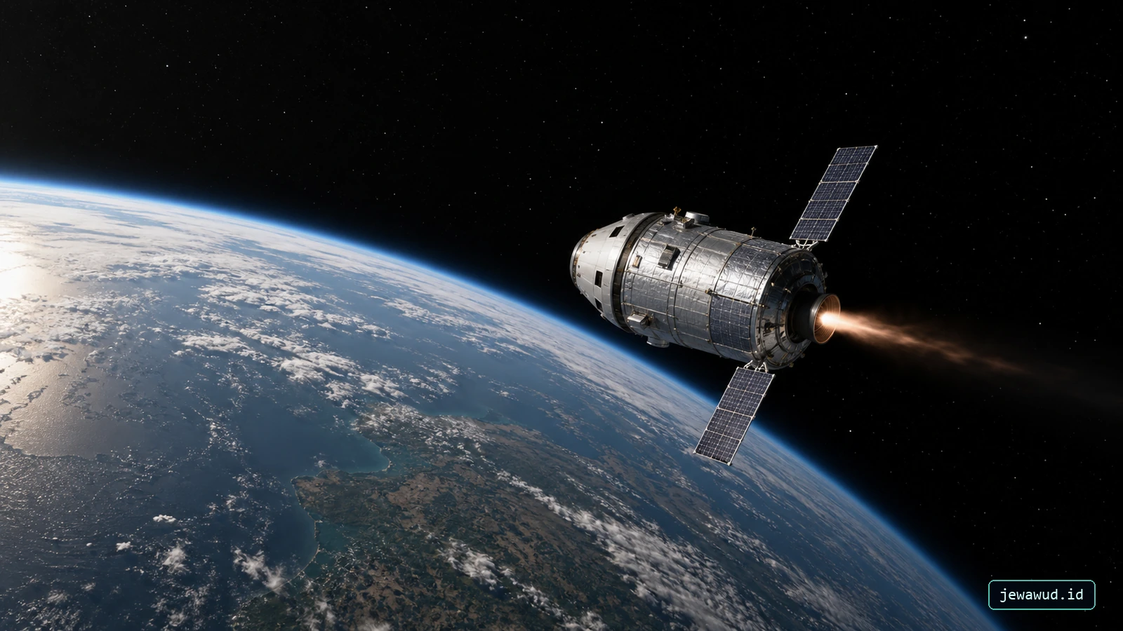 Spacecraft performing an orbital transfer burn above Earth