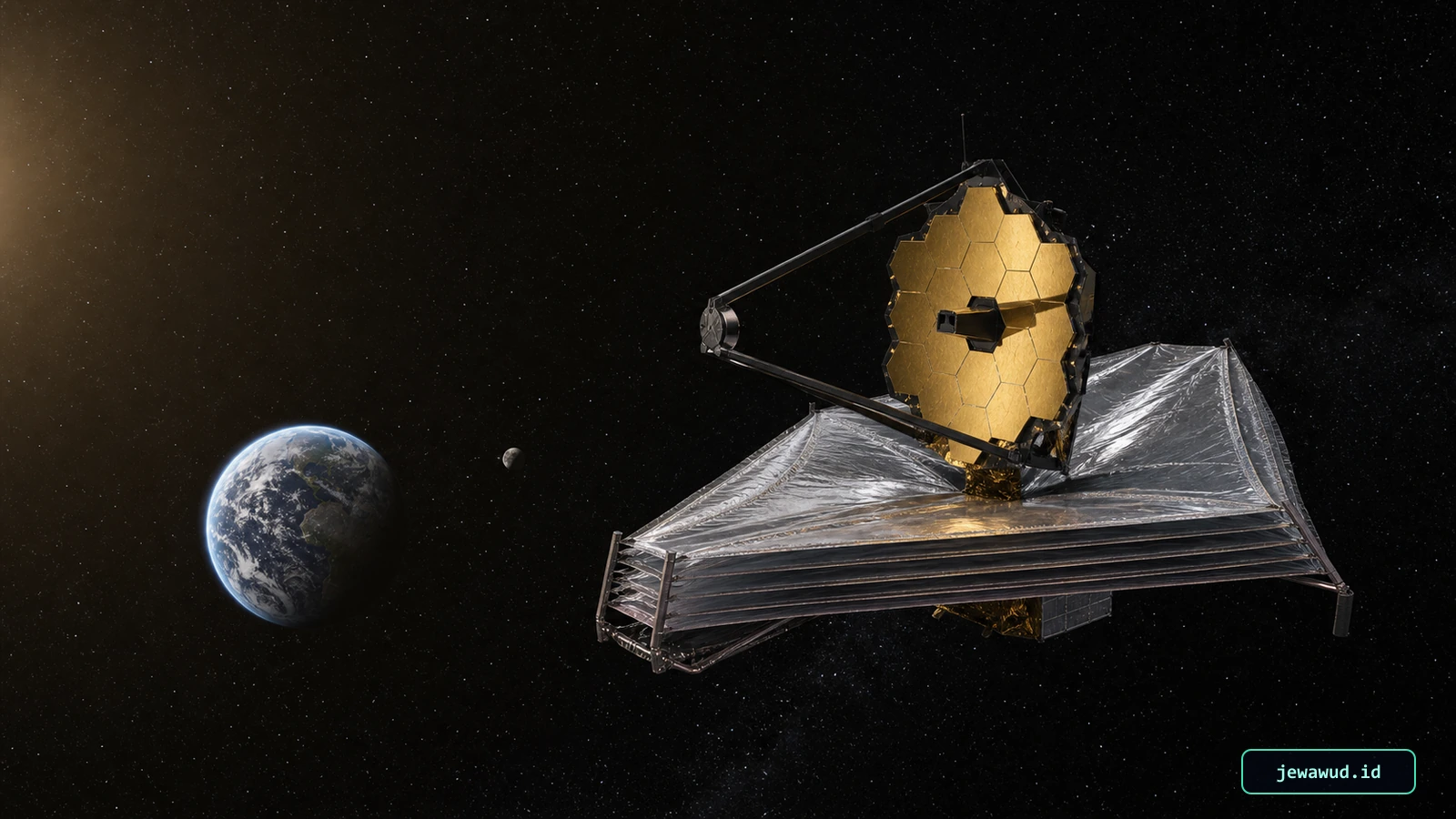Infrared space observatory operating in deep space with Earth and the Moon visible in the distance