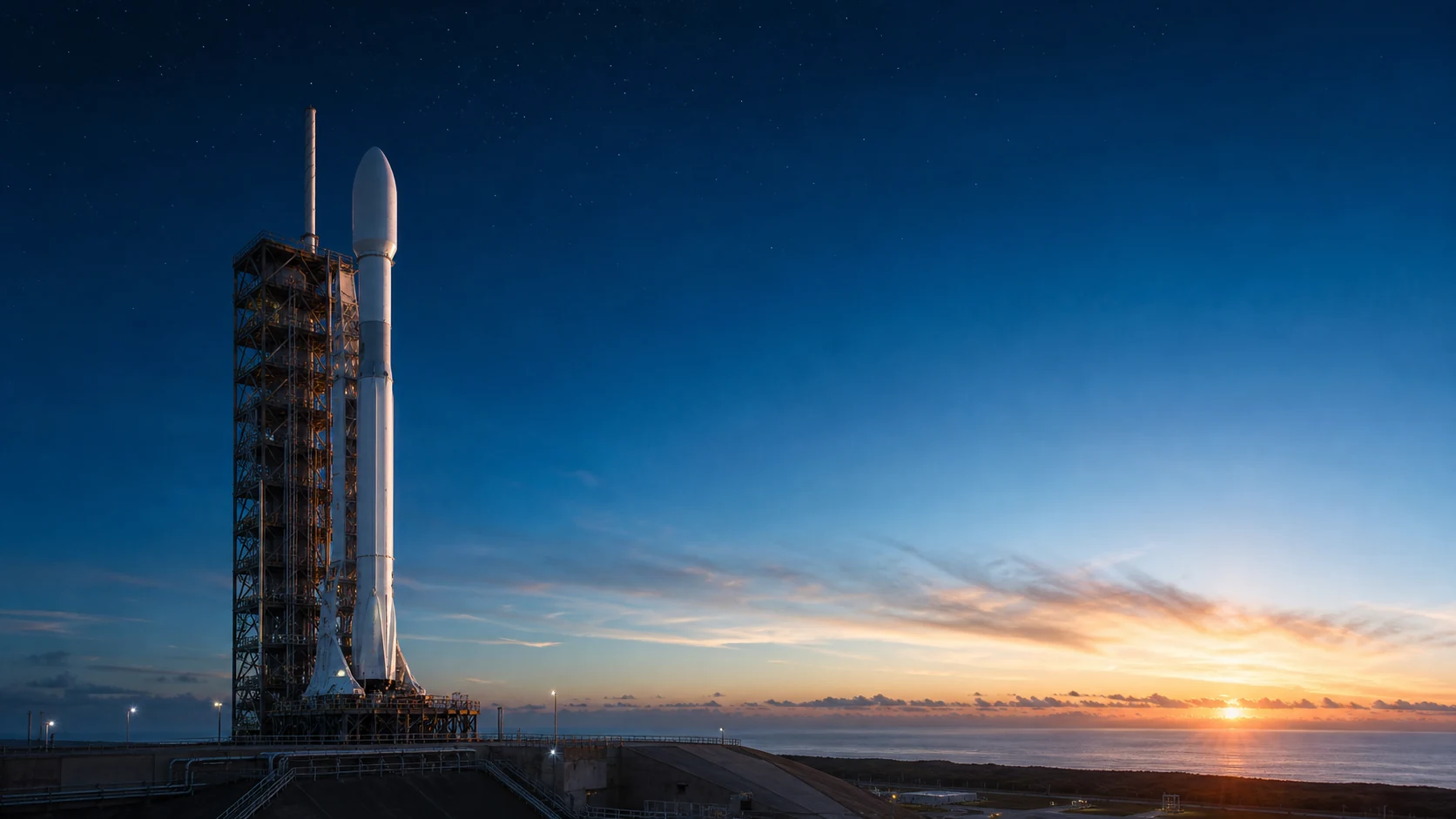 A modern orbital rocket waiting on a coastal launch pad shortly before sunrise