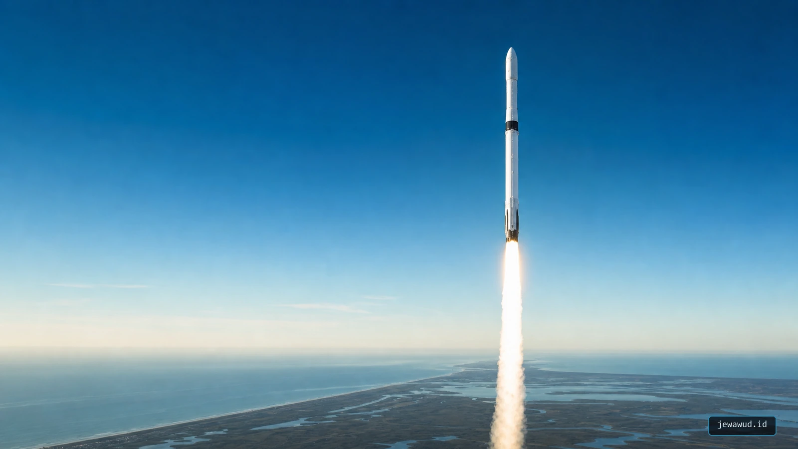 Modern orbital launch vehicle climbing through the daylight atmosphere above a coastal launch range