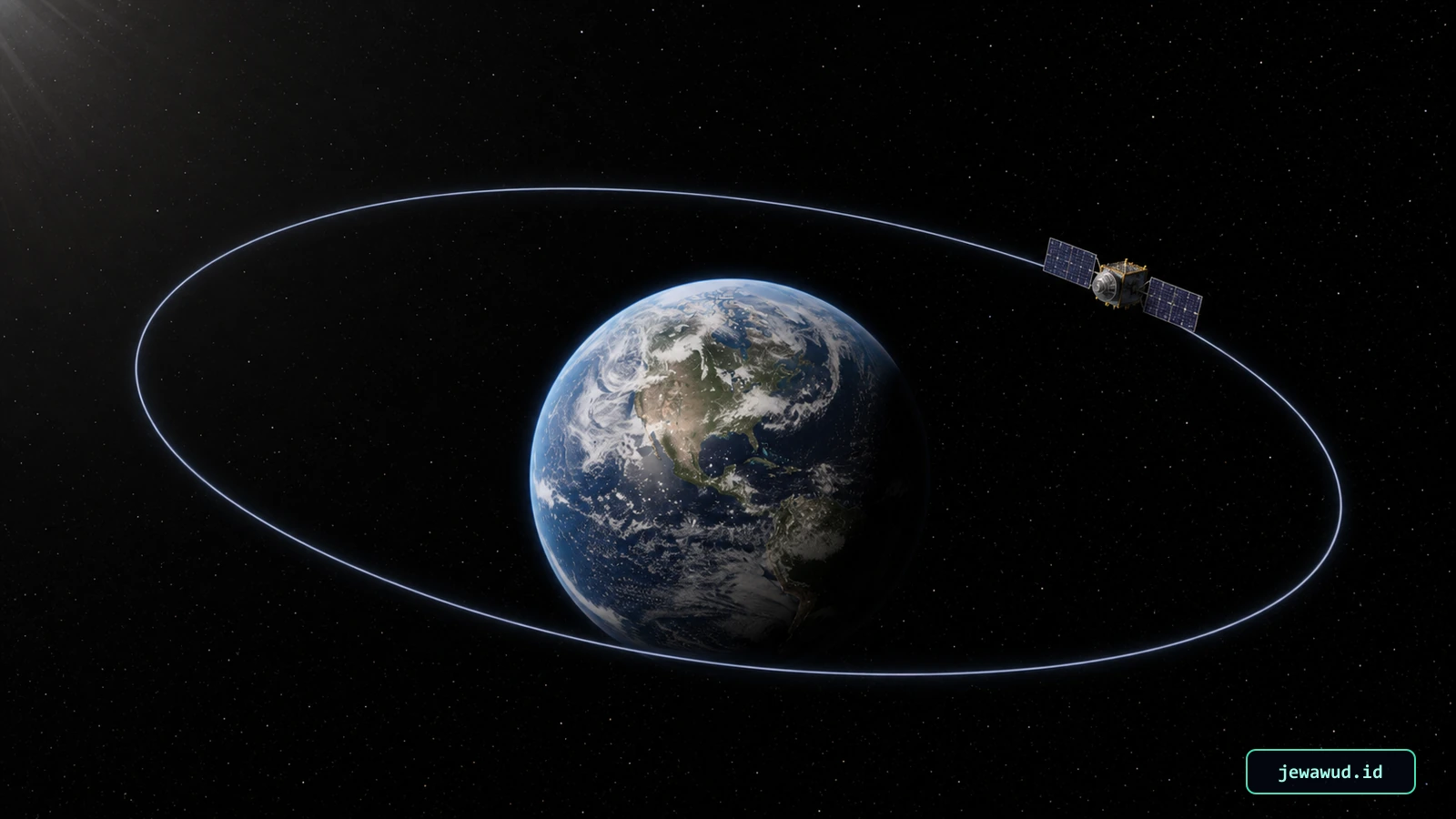 Earth surrounded by one complete projected circular orbit with a satellite traveling along the path