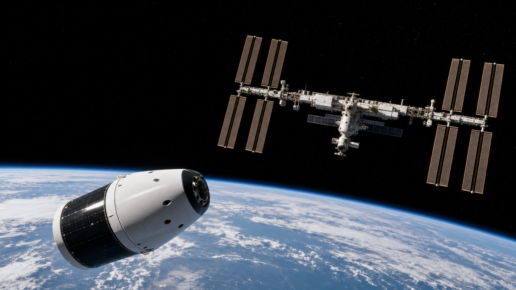 A Crew Dragon spacecraft approaching the International Space Station above Earth's curved horizon