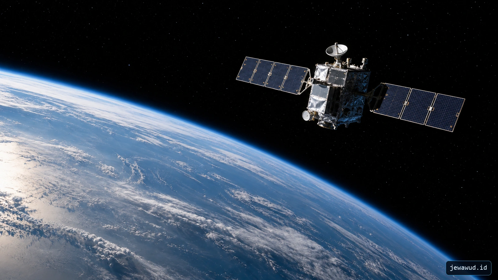 A manufactured satellite flying above Earth's sunlit curved limb