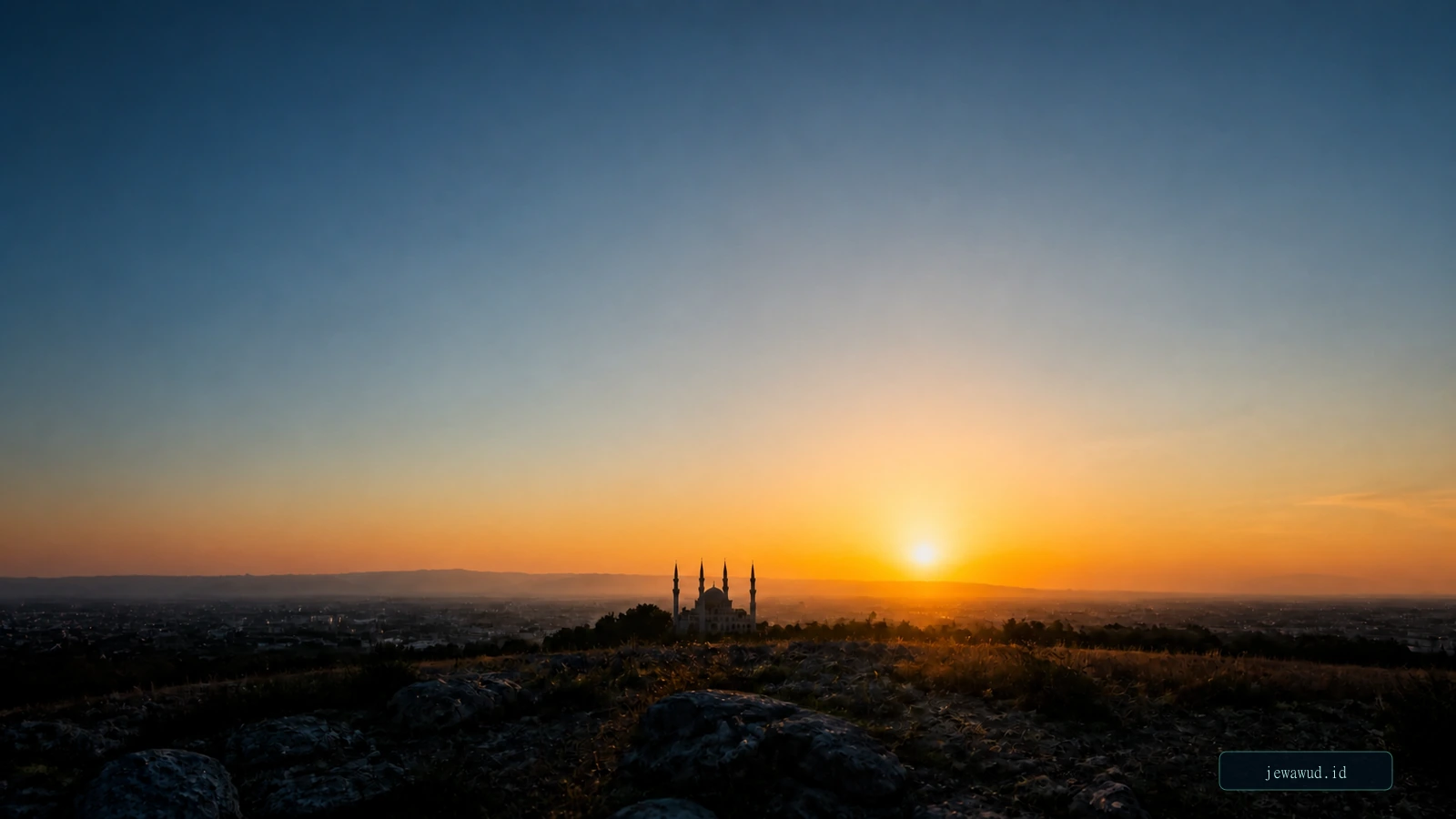 A single Sun near the horizon above a distant mosque in warm evening light