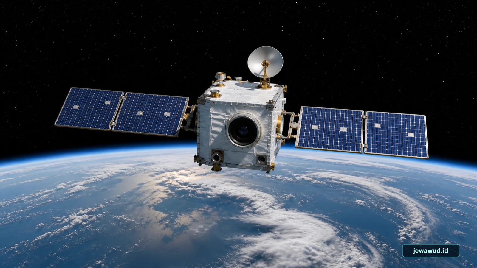 Earth-observation spacecraft holding a precise pointing attitude above Earth's curved horizon