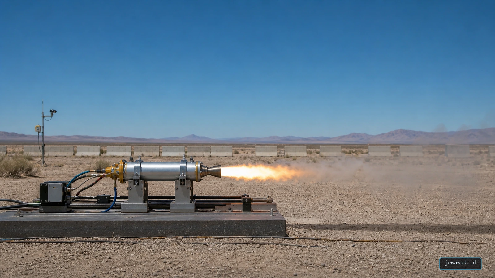 Small educational rocket motor firing horizontally from a compact instrumented outdoor static-test stand