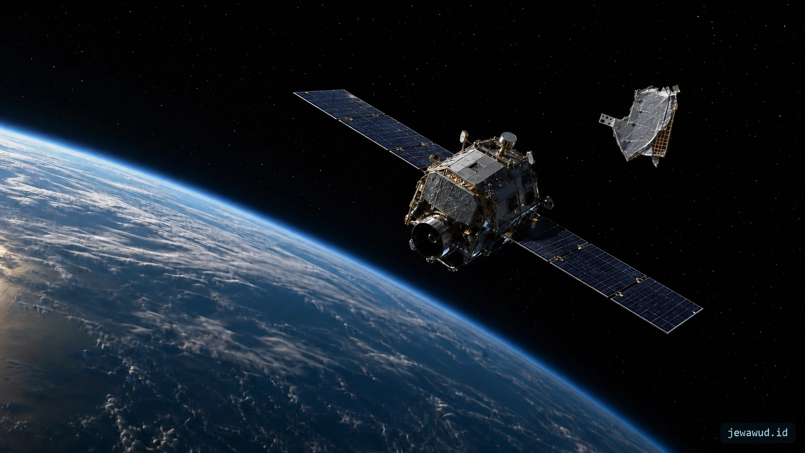 An operational satellite and a separated piece of orbital debris passing above Earth's limb