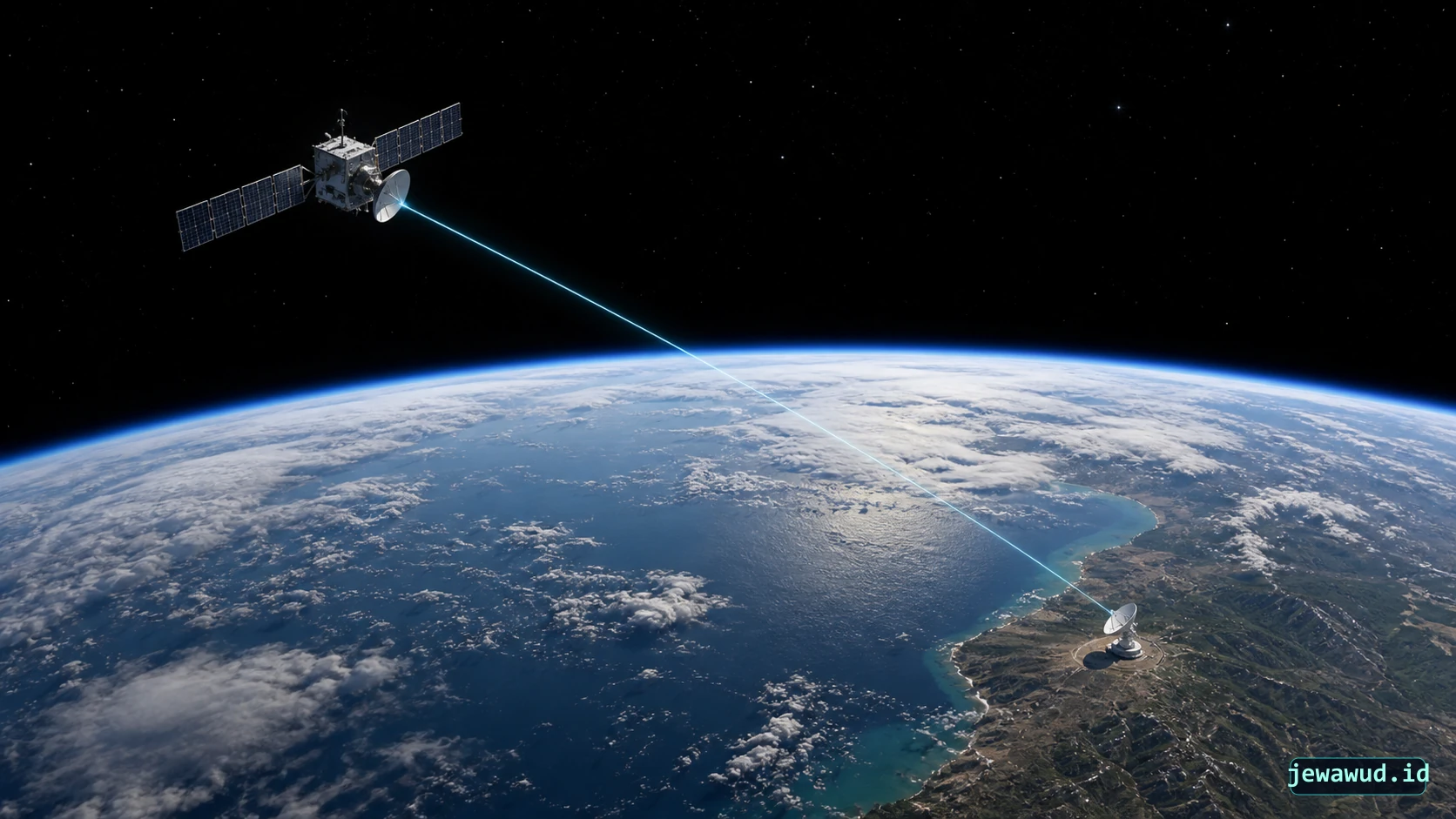 Communications satellite linked to a coastal ground station