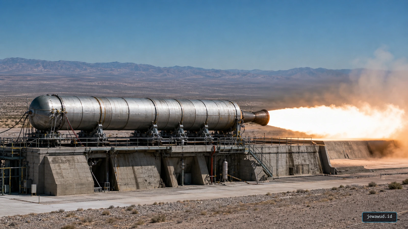 Editorial view of a segmented solid rocket motor firing horizontally from a reinforced remote static-test stand