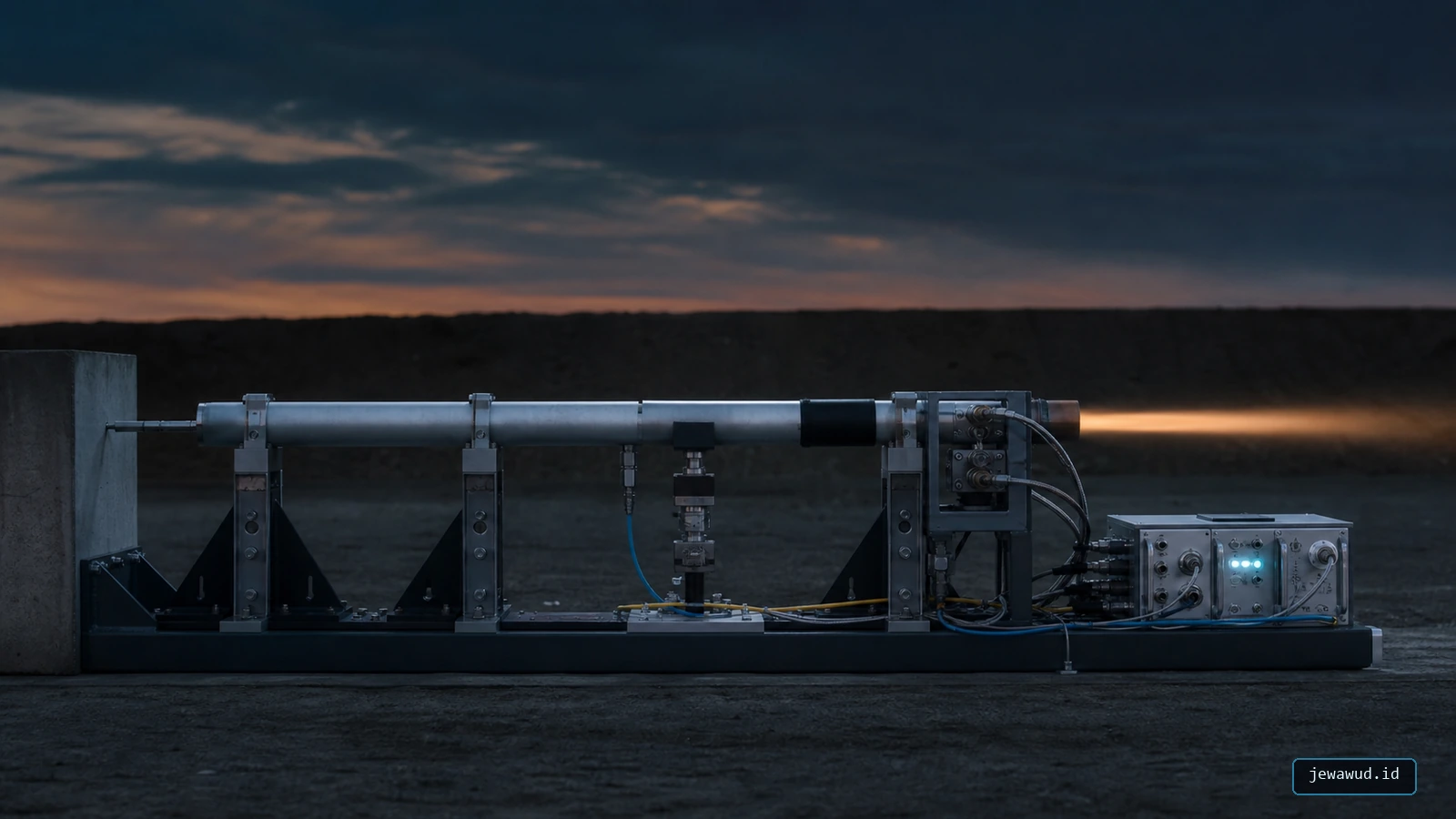 Small instrumented rocket motor firing horizontally on a professional static-test stand at dusk