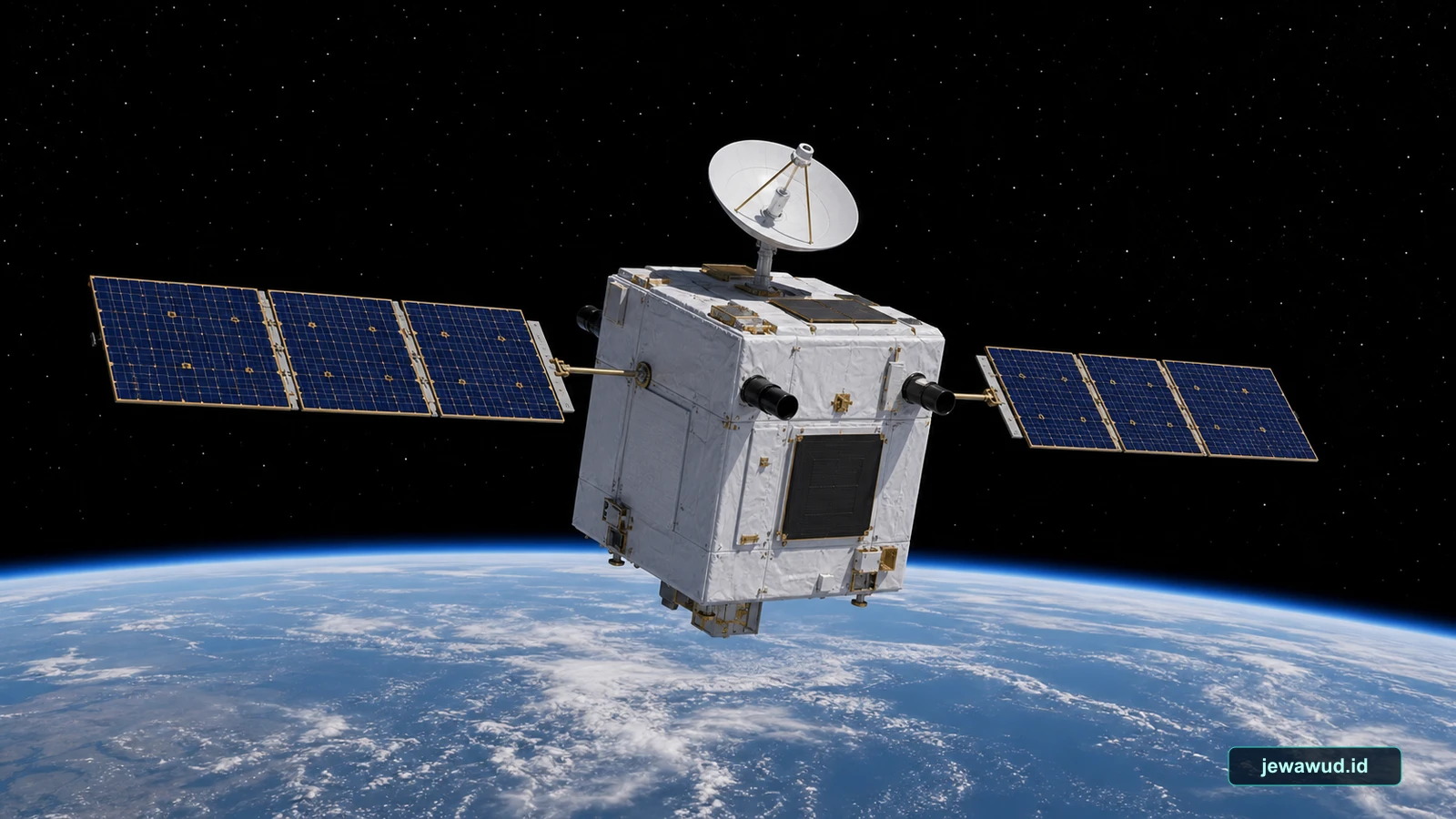 Satellite above Earth with two black optical star-tracker heads mounted on its body