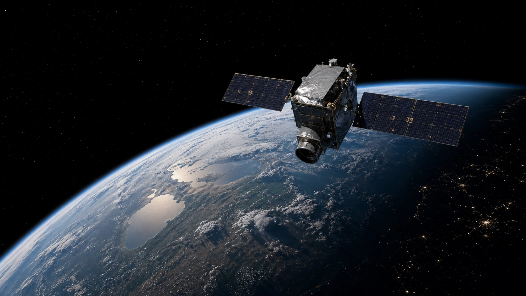 An Earth-observation satellite with a nadir-facing camera flying above Earth's day-night terminator