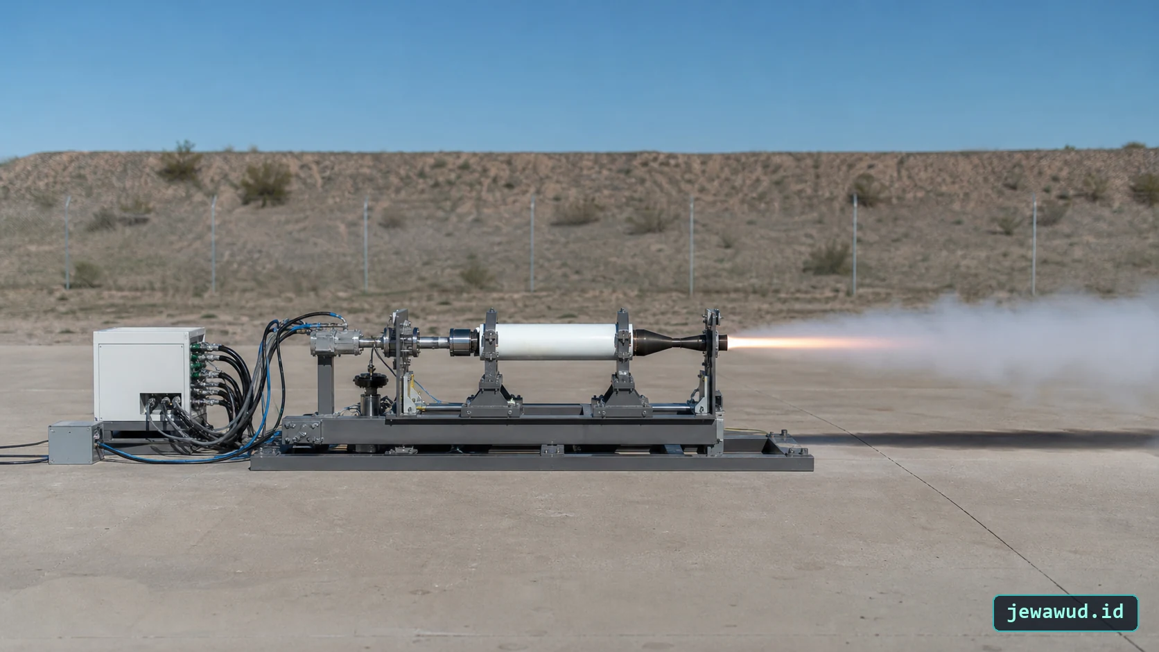 Small solid rocket motor firing horizontally on an instrumented outdoor static-test stand