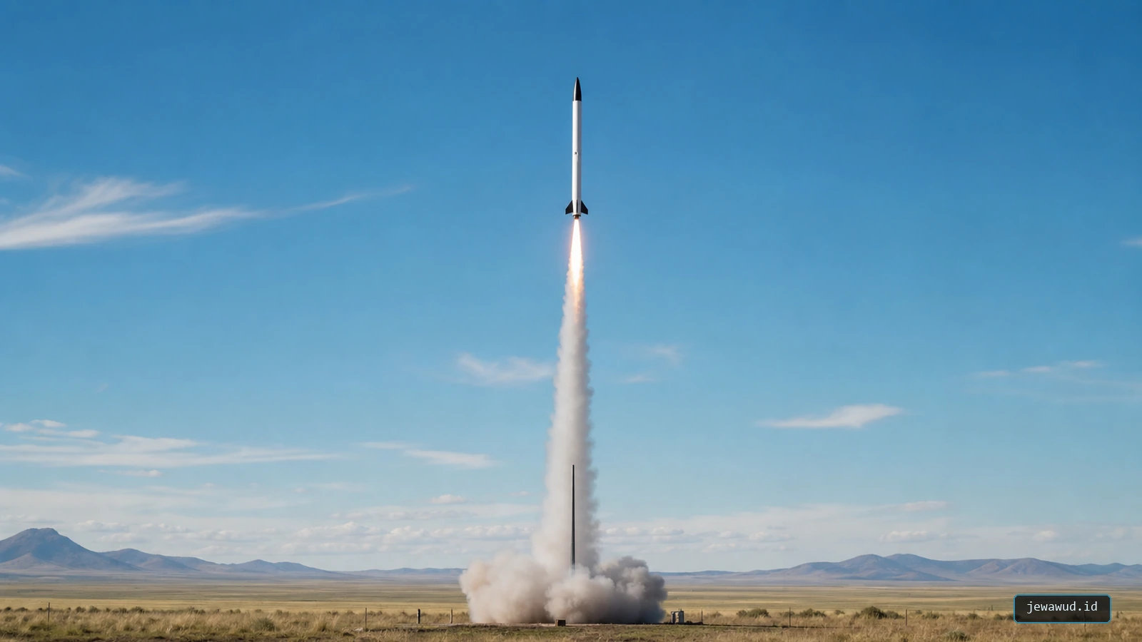 Small research rocket climbing vertically from a launch rail over a remote daylight test field