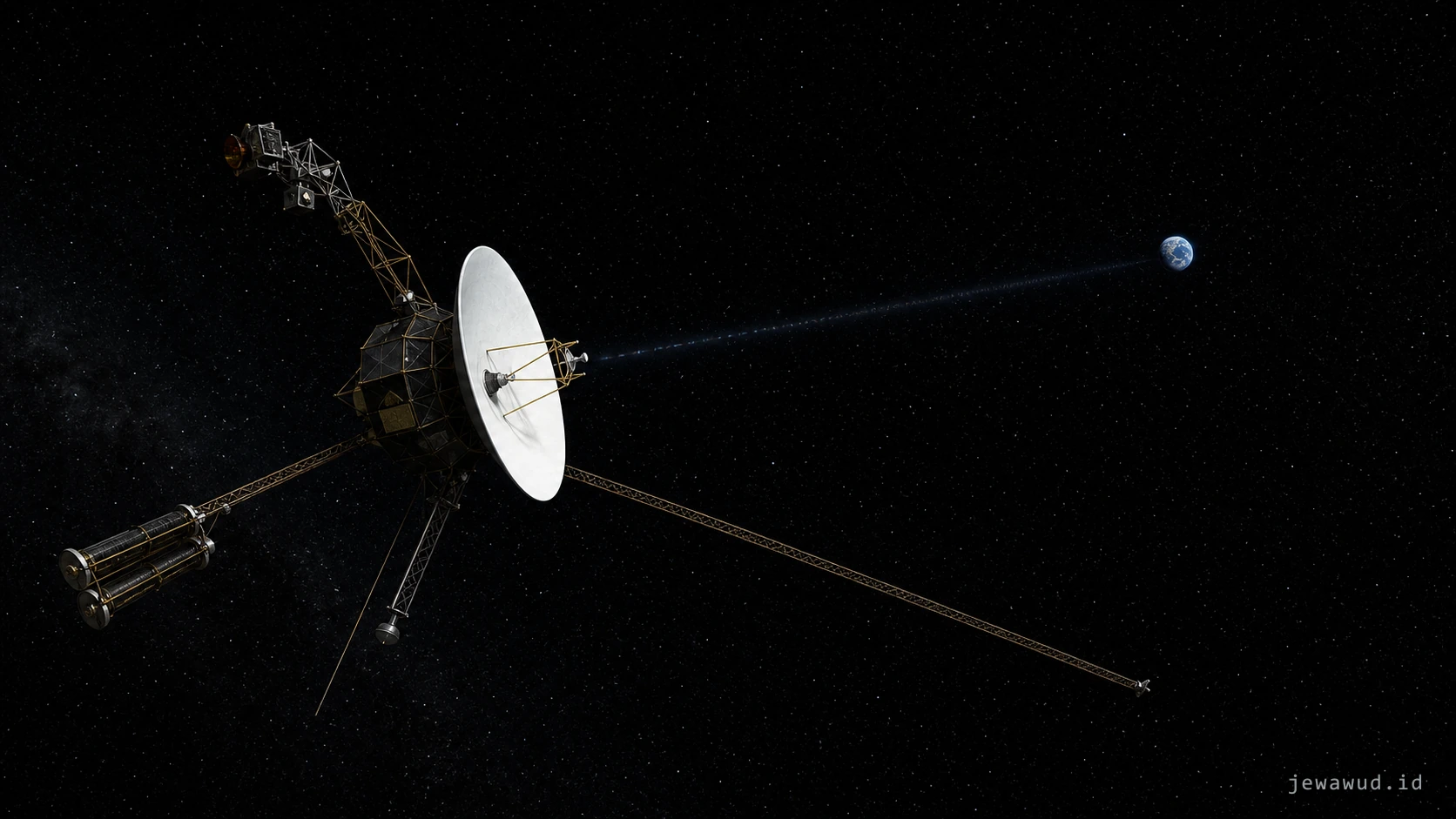 Voyager spacecraft aiming its high-gain antenna toward a distant Earth