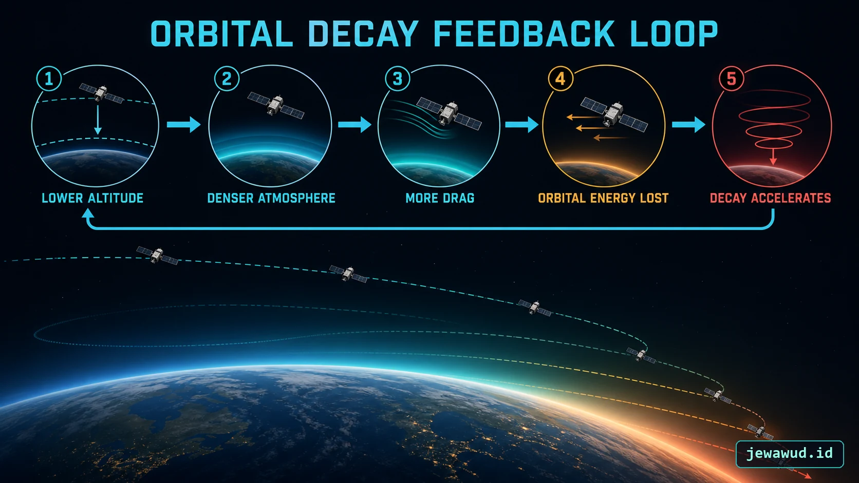 Atmospheric drag feedback loop that accelerates orbital decay
