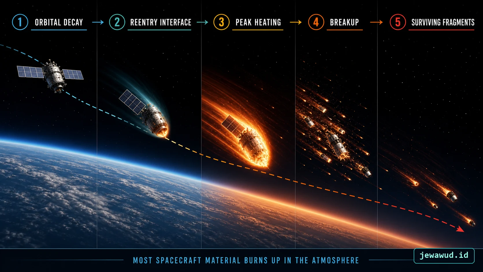 Five phases from orbital decay through atmospheric breakup