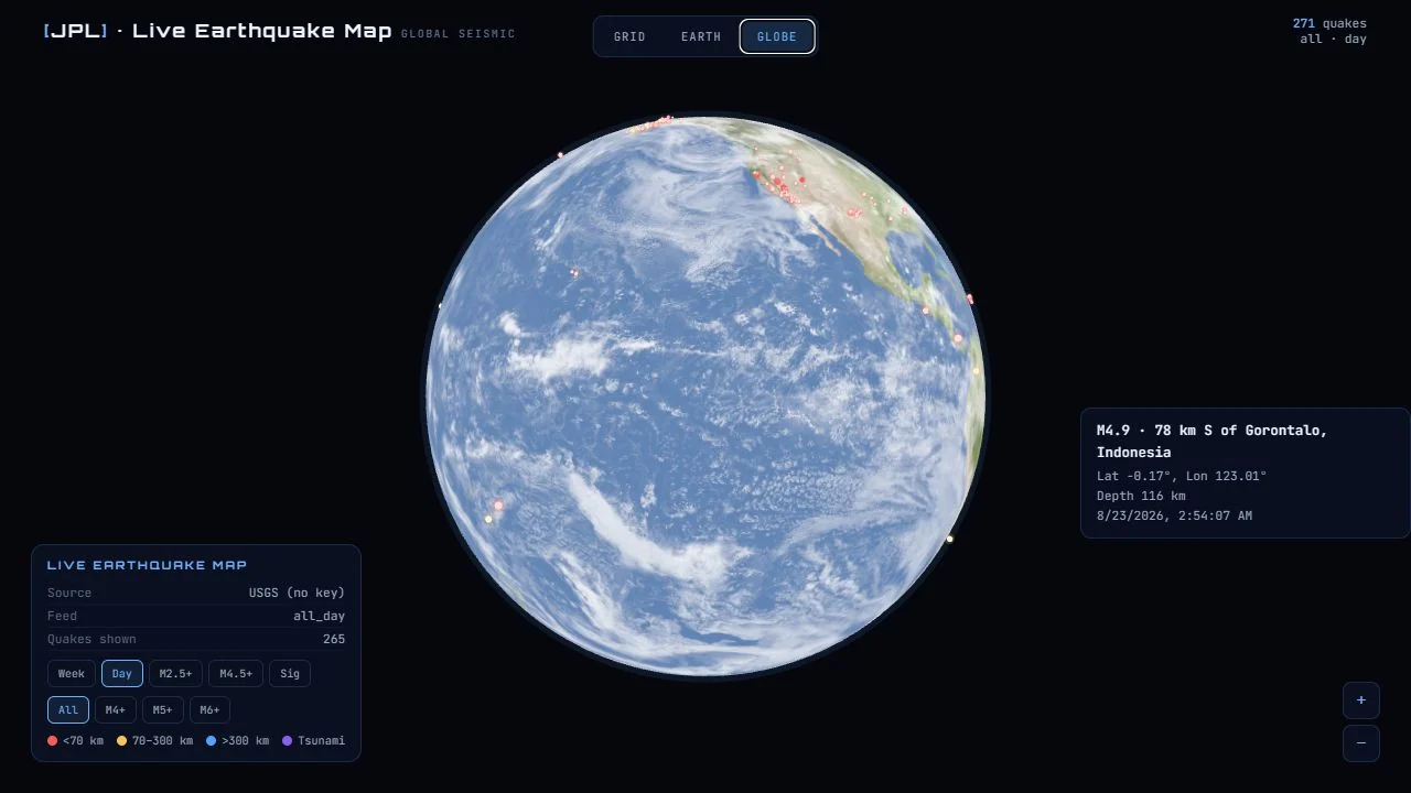 Interactive globe showing recent earthquakes around the Pacific Ring of Fire