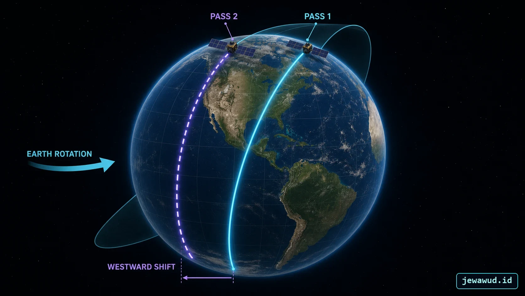 Two successive satellite passes shifted westward as Earth rotates eastward