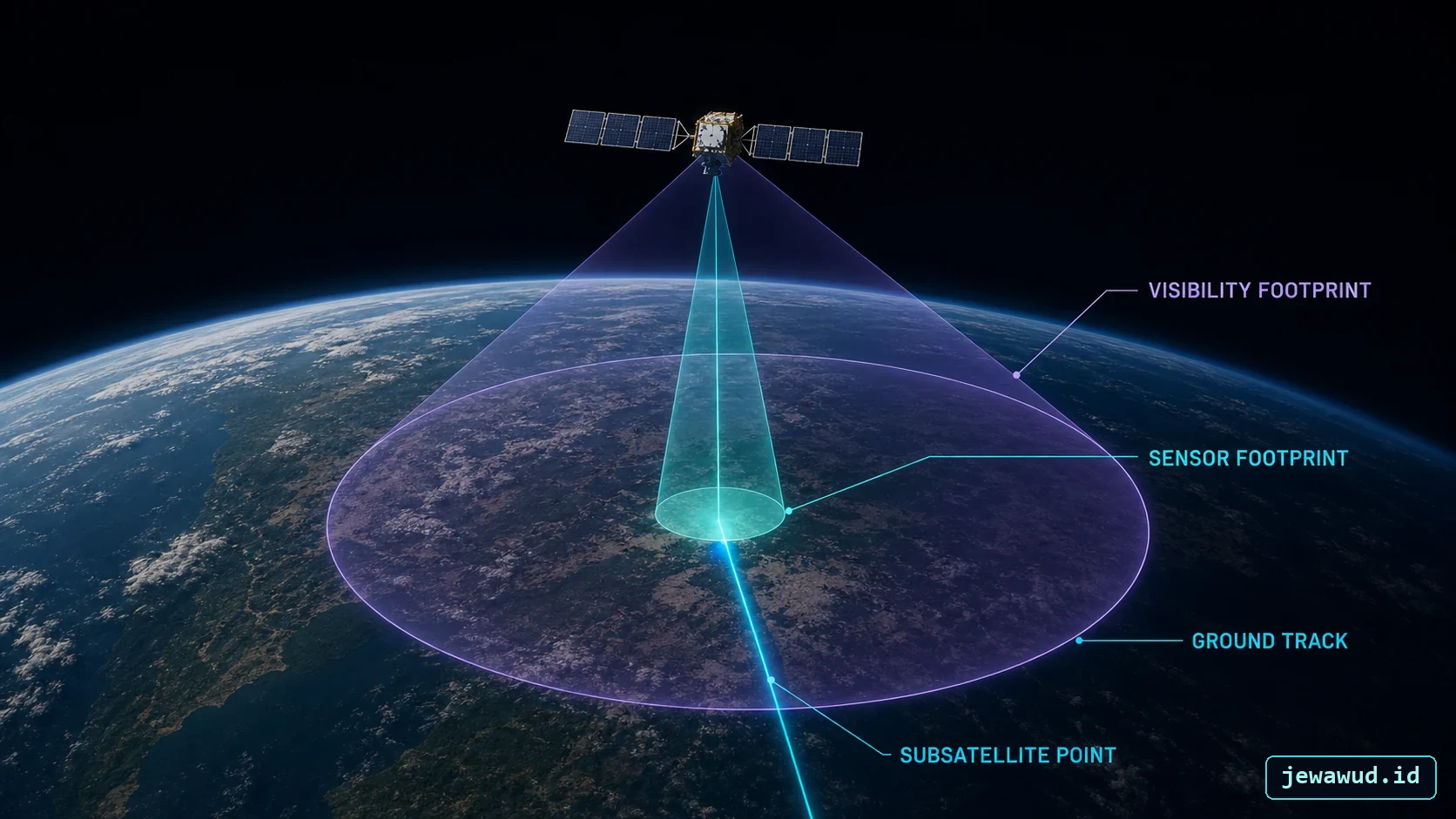 Comparison of a satellite ground track, sensor footprint, and visibility footprint