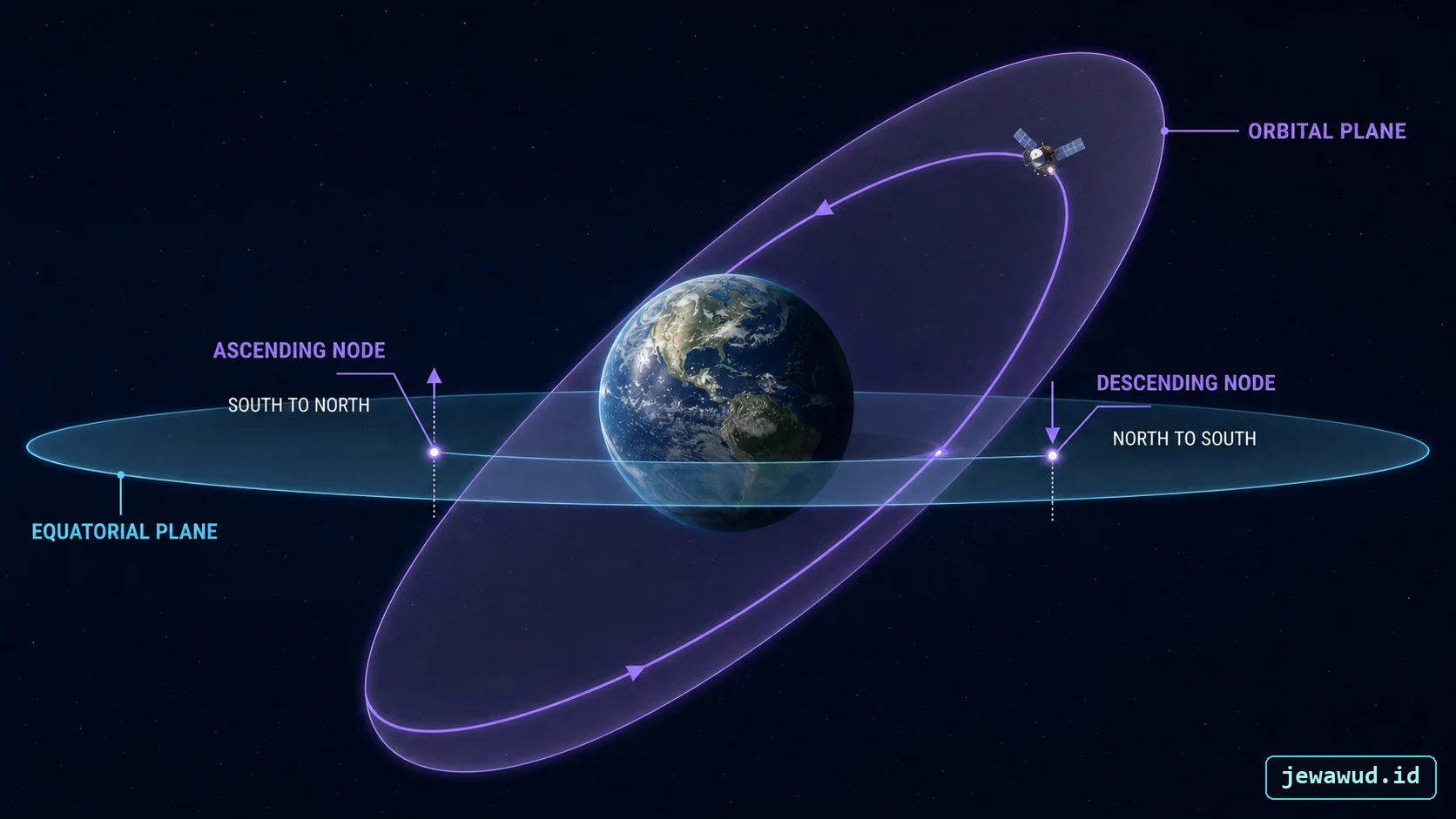Inclined orbital plane crossing the equatorial plane at ascending and descending nodes