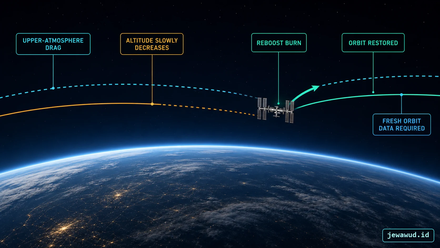 ISS orbit slowly lowering from atmospheric drag and being restored by a reboost burn