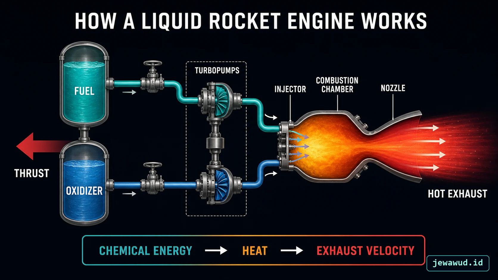 Fuel and oxidizer flow through a liquid rocket engine