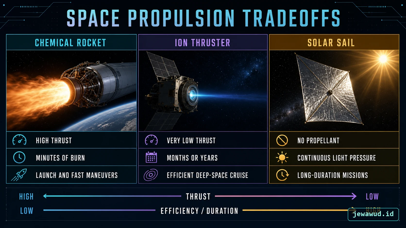 Chemical ion and solar-sail propulsion tradeoffs