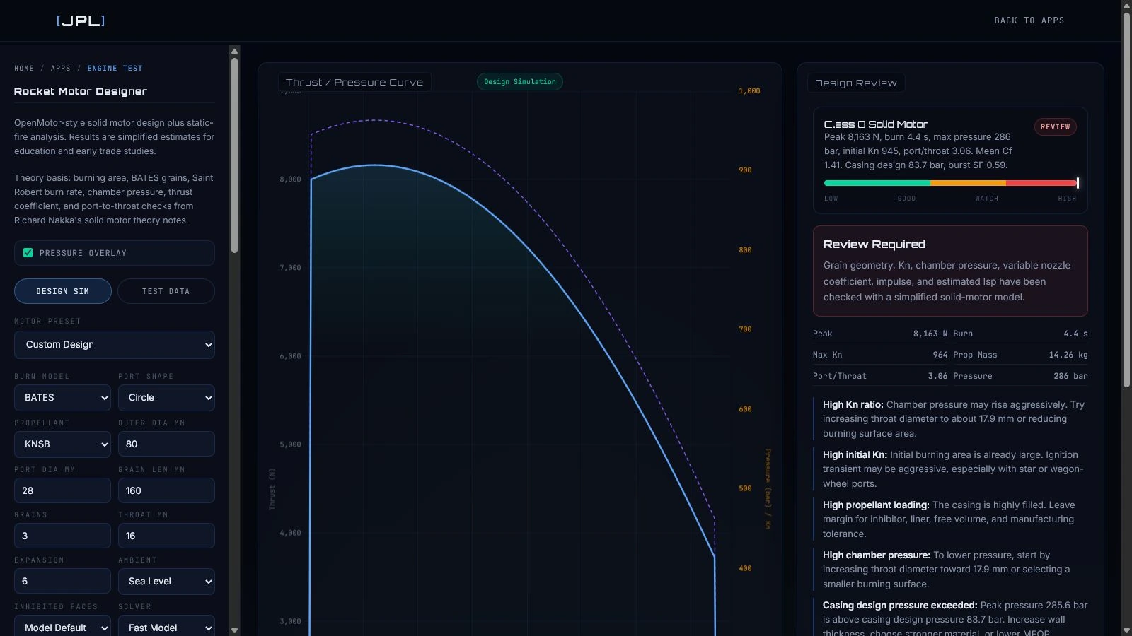 Rocket Motor Designer interface showing motor inputs, simulated thrust and chamber-pressure curves, summary metrics, and design-review warnings