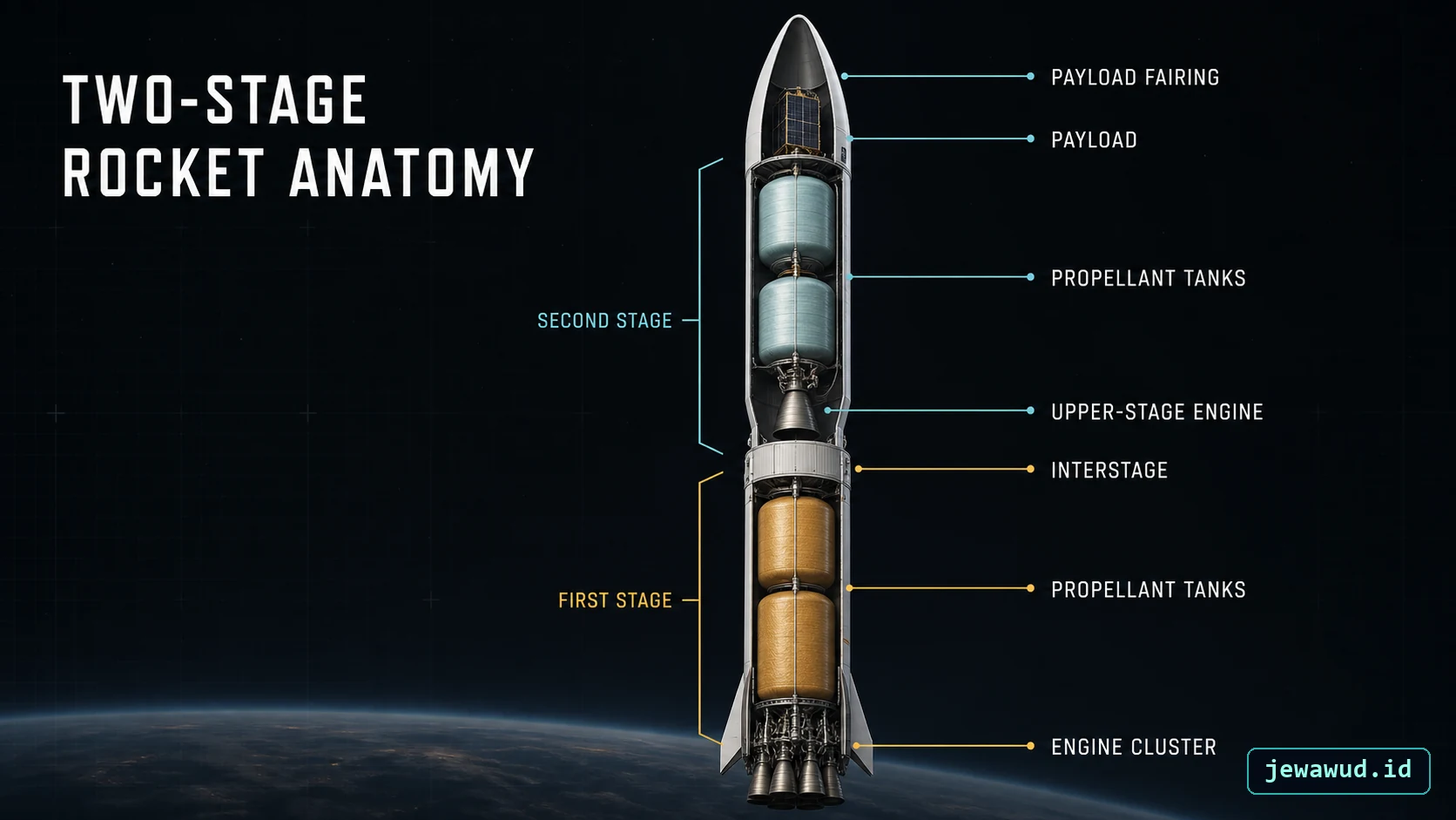 Cutaway anatomy of a generic two-stage orbital rocket