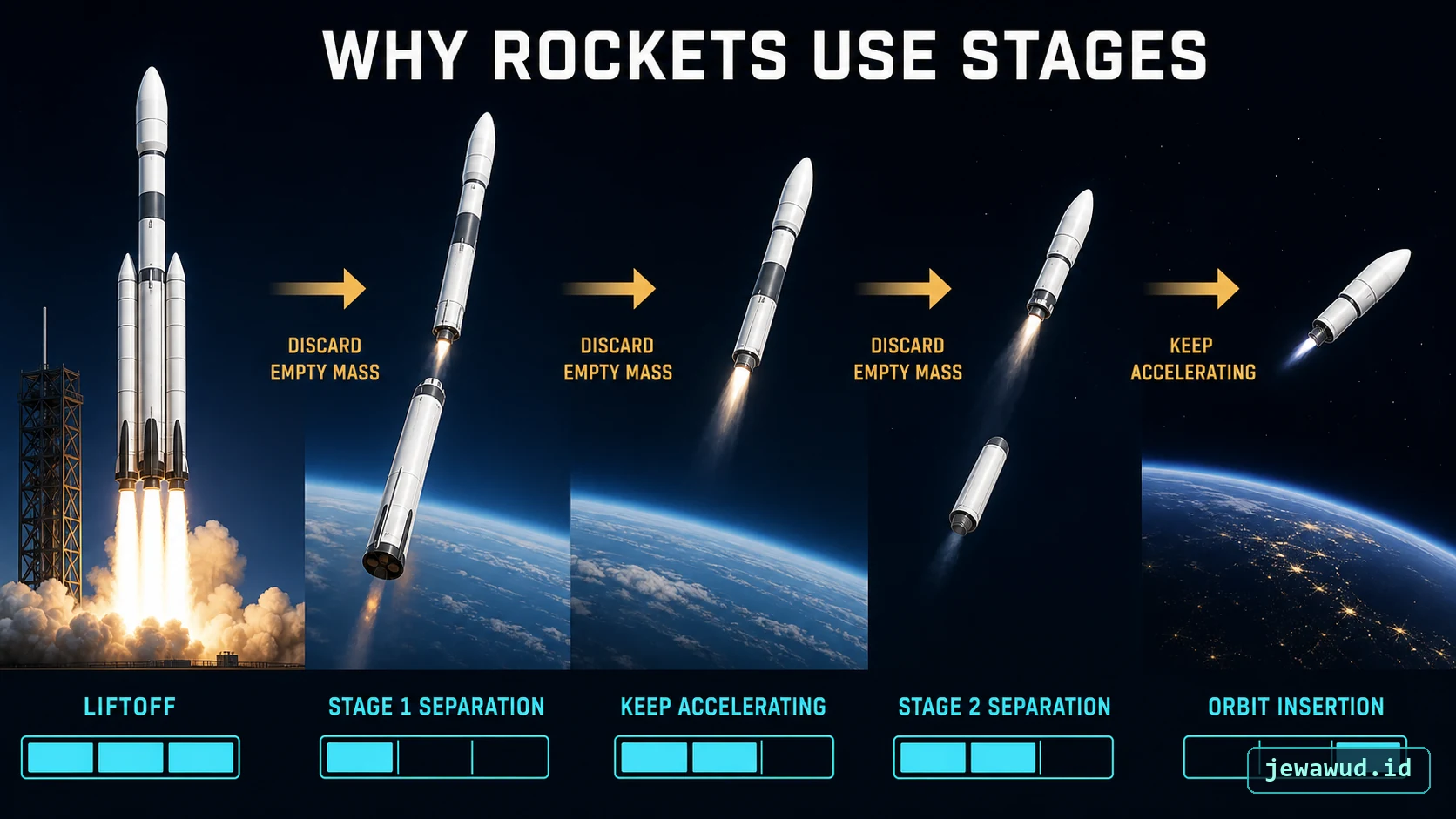 Rocket staging sequence from liftoff through orbit insertion