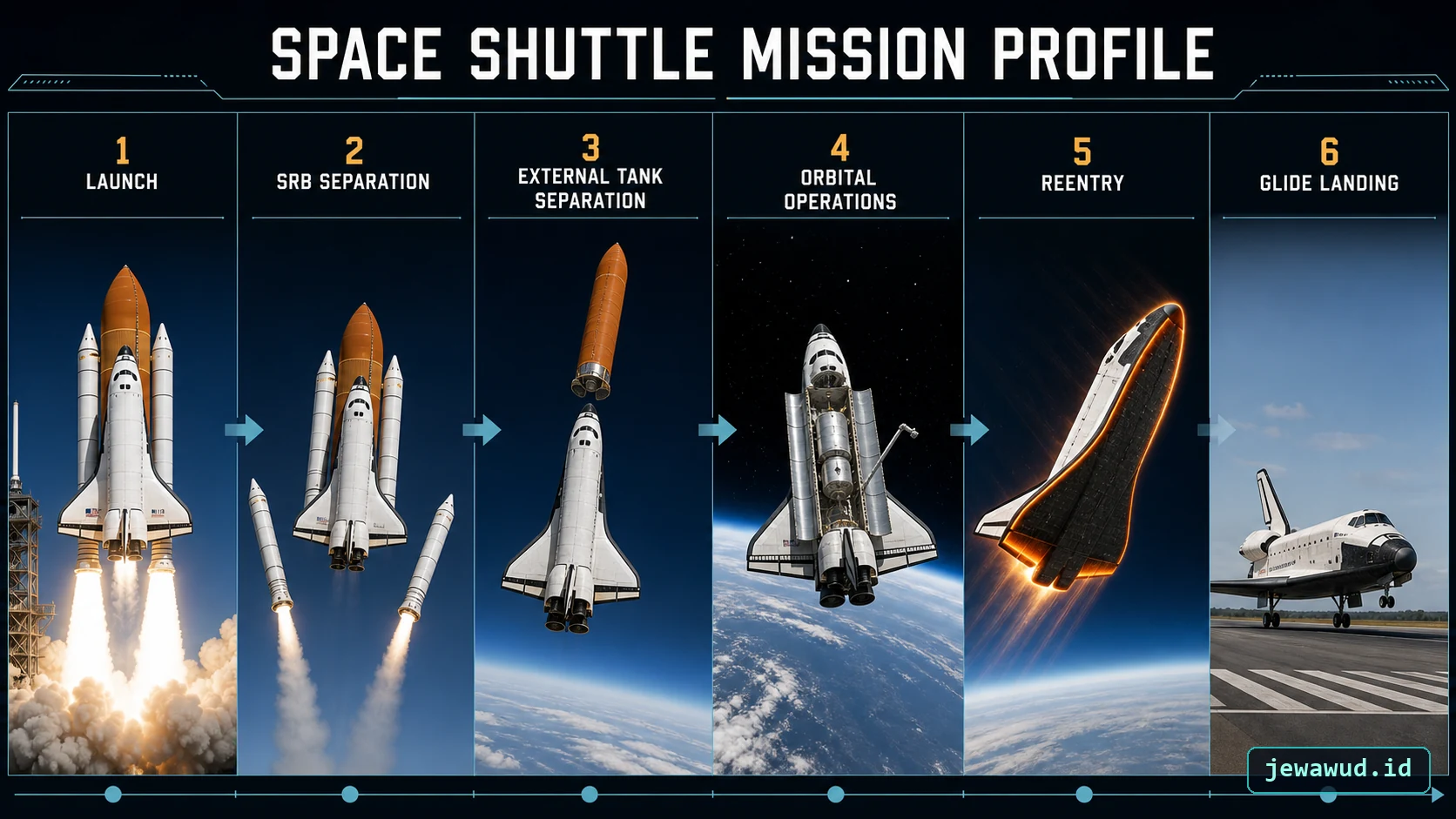 Space Shuttle mission profile from launch to runway landing
