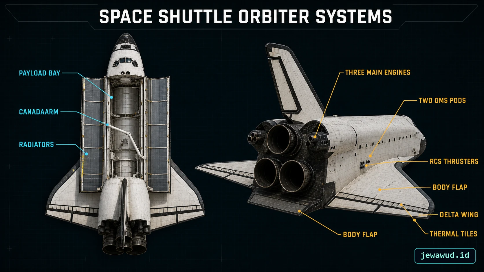 Space Shuttle orbiter systems in open-bay and rear views