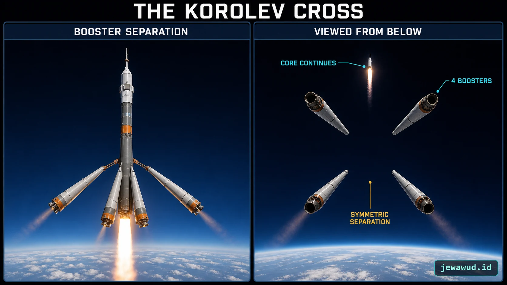 Soyuz booster separation forming the Korolev Cross
