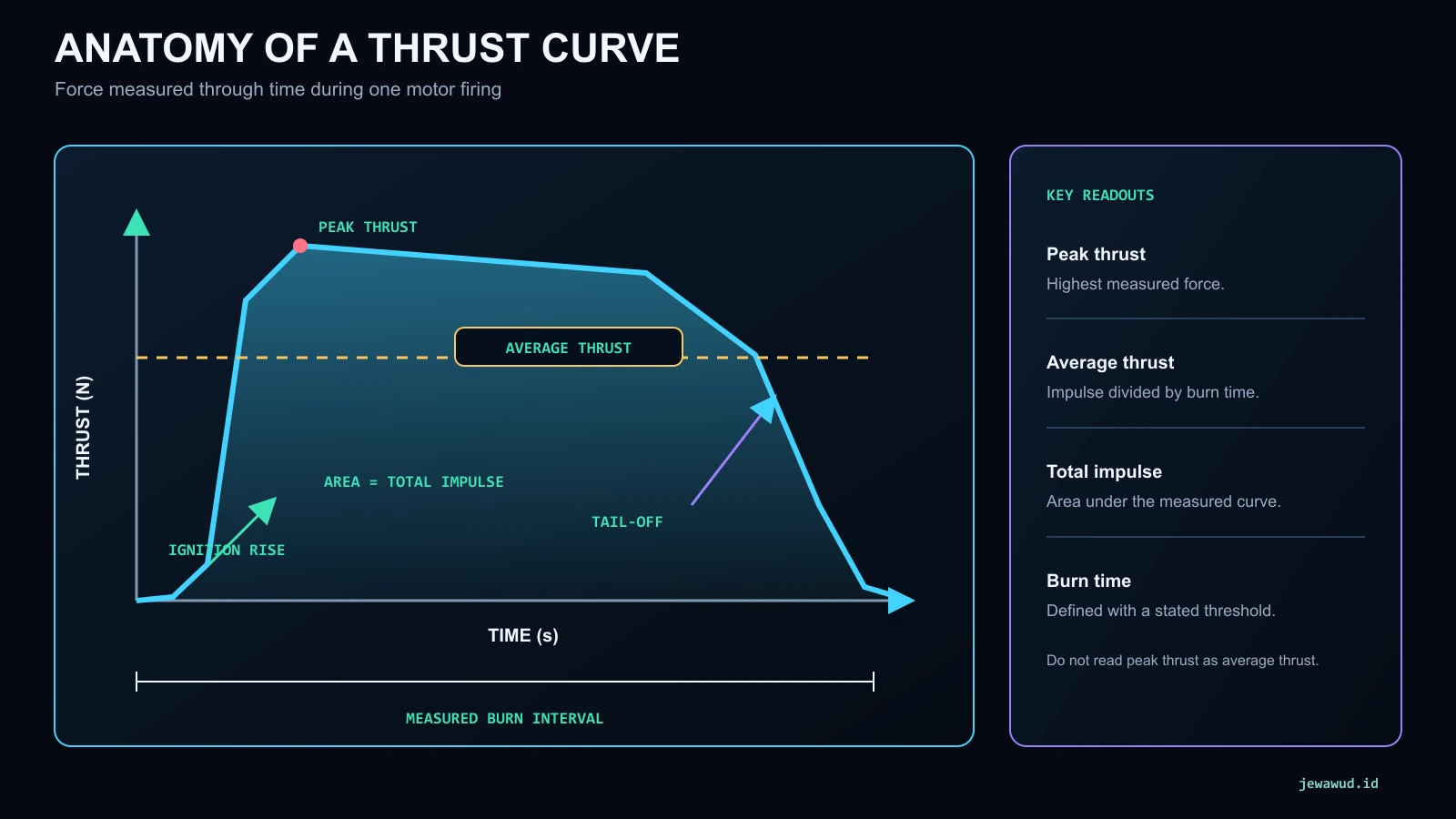 Annotated thrust-time curve showing ignition rise, peak thrust, average thrust, tail-off, burn interval, and total impulse area