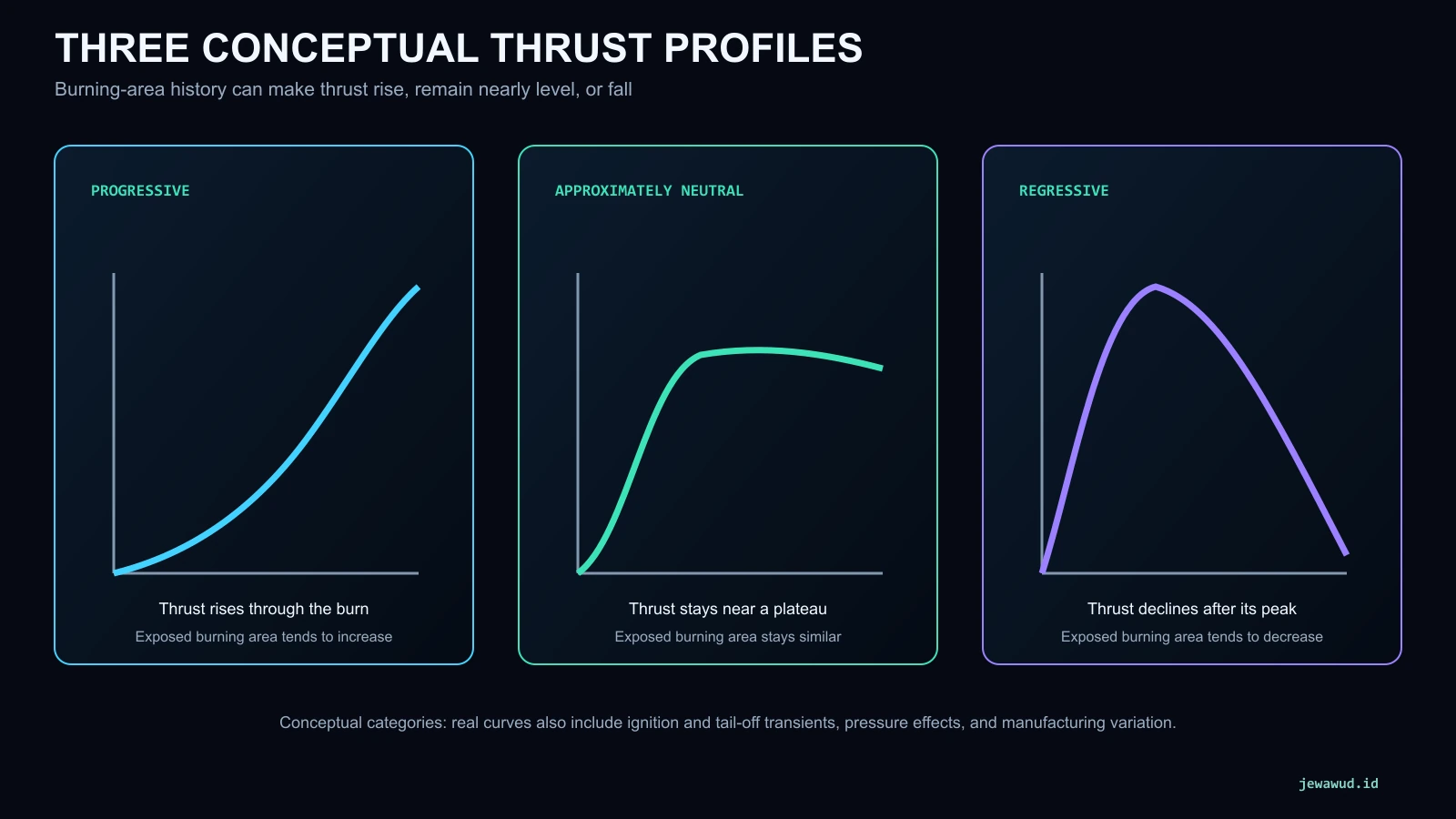 Three conceptual thrust curves comparing progressive, approximately neutral, and regressive sustained-burn profiles